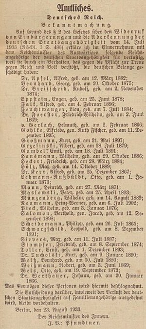 Erste Ausbürgerungsliste der Nationalsozialisten